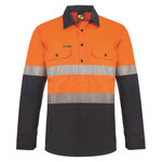 Mens Hi Vis Half Placket Cotton Drill Shirt Semi Gusset Sleeves CSR Reflective Tape
